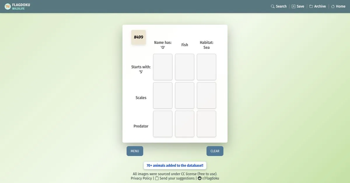 Wildlife grid #499 with the categories Name has O, Fish and Habitat Sea across the top and Starts with S, Scales and Predator down the side