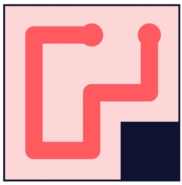 A completed Winding Path grid: one red line runs from dot to dot through every pink tile around a dark blocked corner