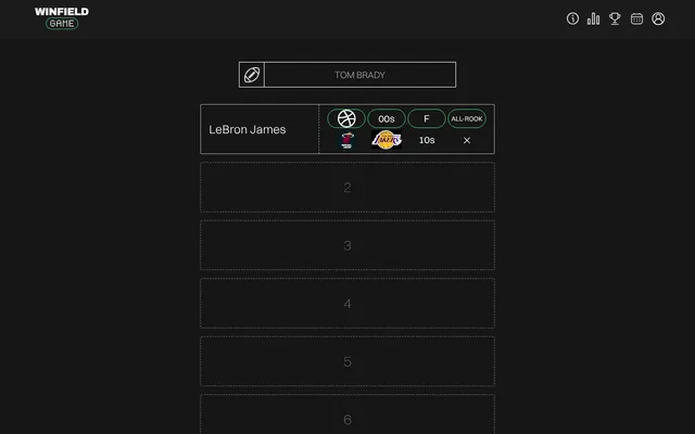 Today's Winfield Game board after a first guess: LeBron James's row shows matches for basketball, the 00s, forward and All-Rookie, with Heat and Lakers logos