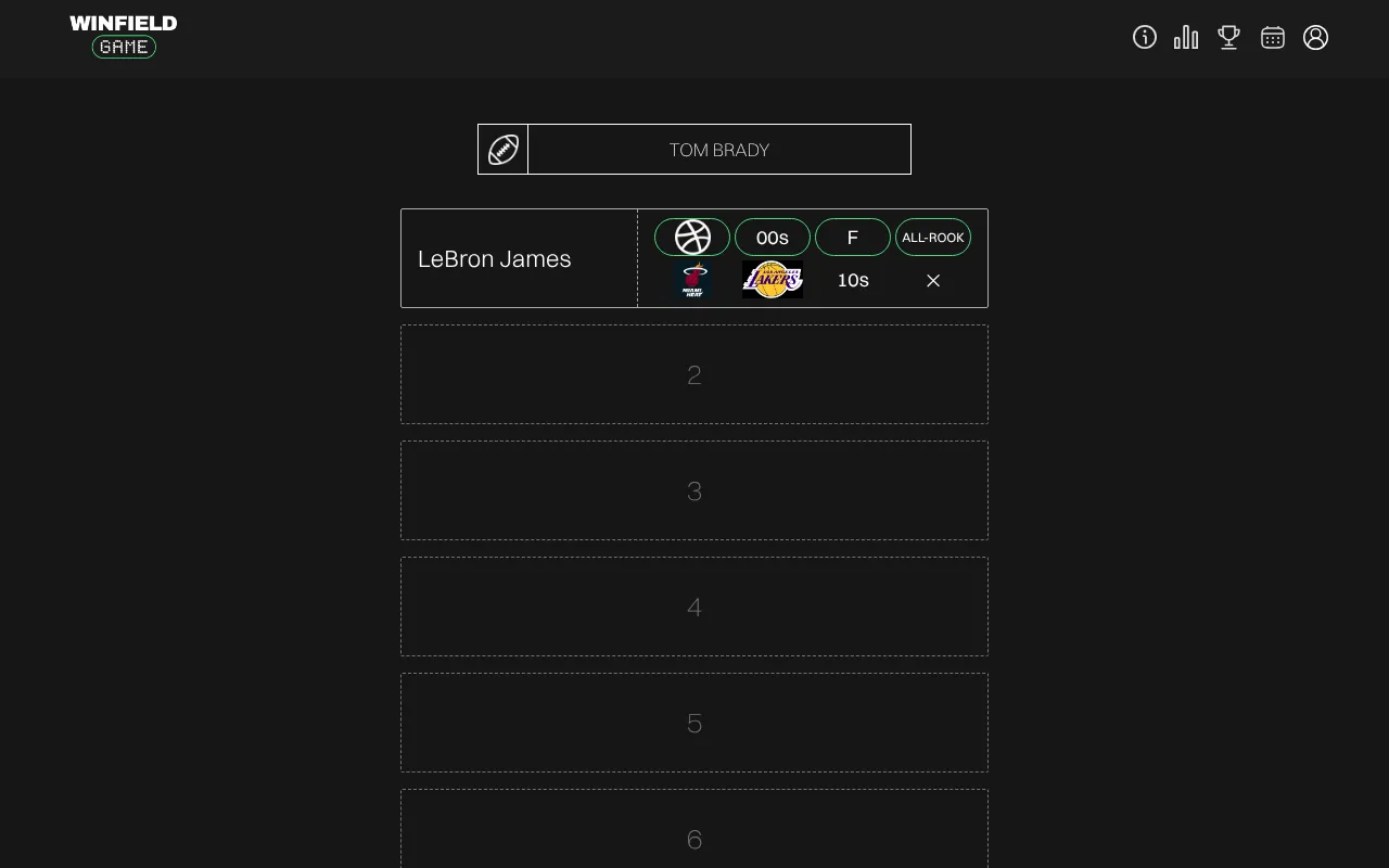 Today's Winfield Game board after a first guess: LeBron James's row shows matches for basketball, the 00s, forward and All-Rookie, with Heat and Lakers logos
