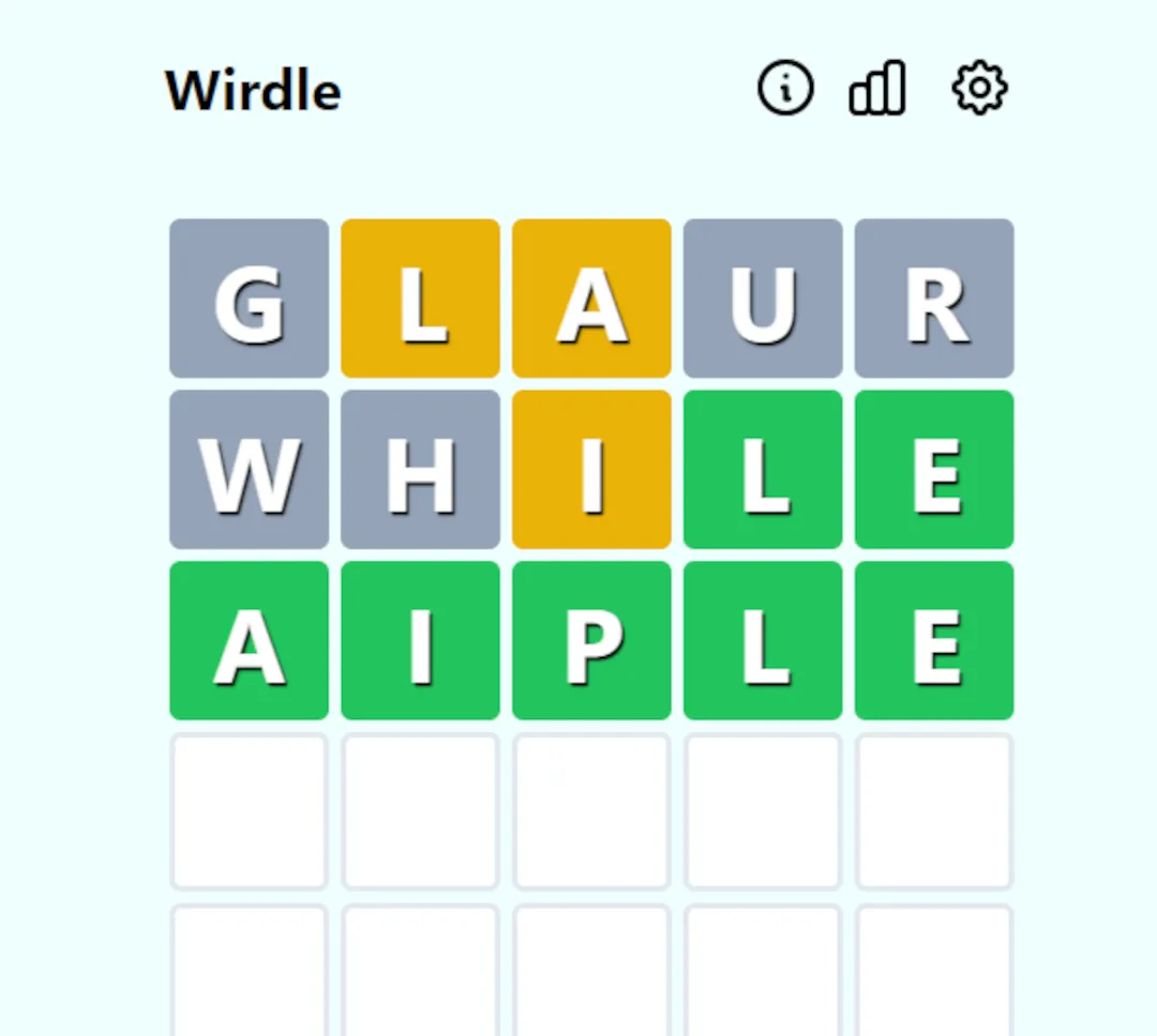 A Wirdle board with the guesses GLAUR and WHILE and the solved word AIPLE in green tiles