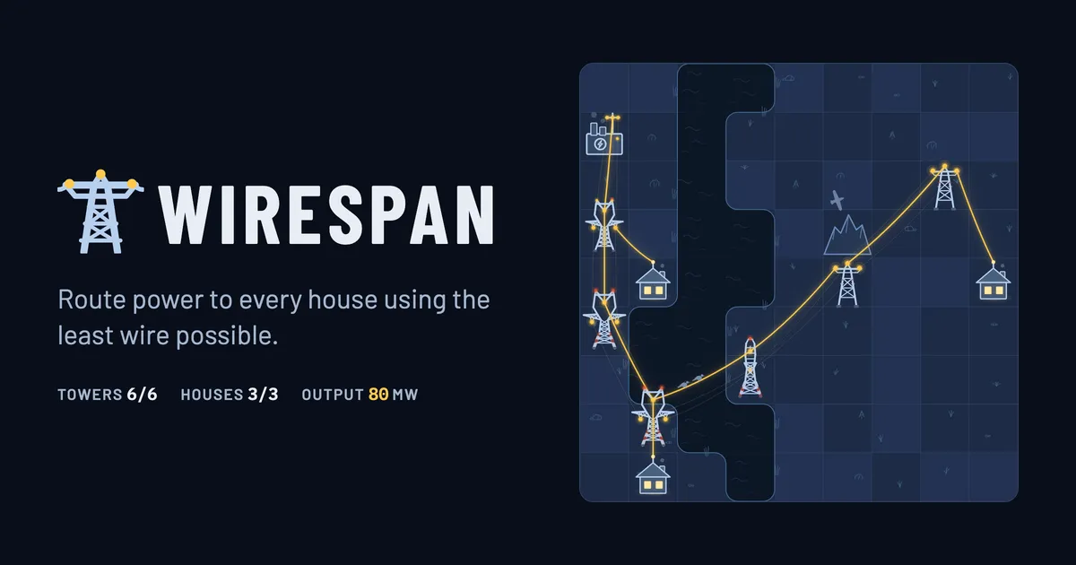 Wirespan board at night: towers carry lit wire from a power plant across a river to three houses