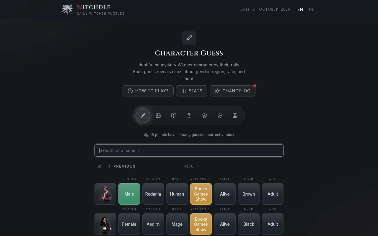 Witchdle's Character Guess for puzzle #160 on 24 October 2026 with guesses Dandelion and Yennefer marked against gender, region, race, appearances, alive, hair and age