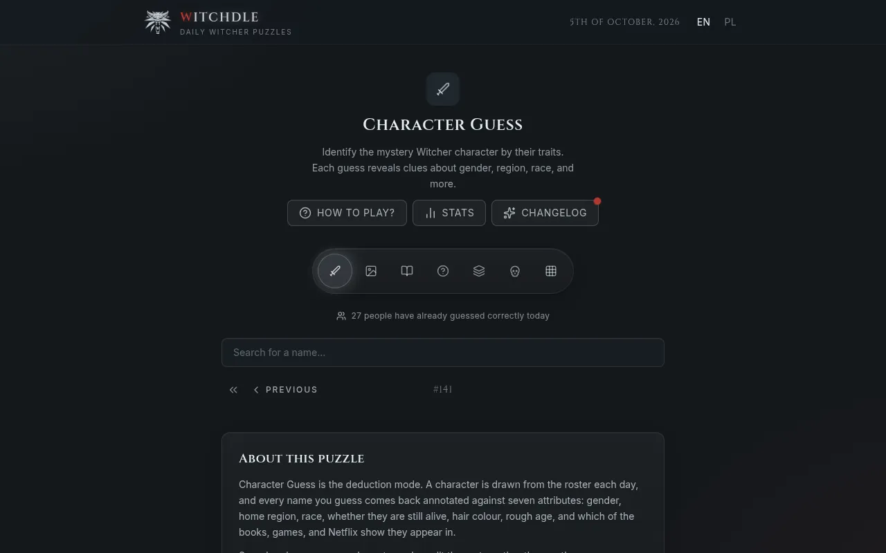 Witchdle's Character Guess page for puzzle #141: the mode row of seven icons, a name search box and a note that 27 people had guessed correctly that day