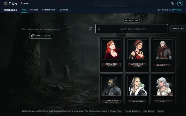 Witcherdle's board on Trivle: illustrated cards of Adda the White, Assire var Anahid, Avallac'h, Cahir, Calanthe and Ciri beside a search box with 30 tries left