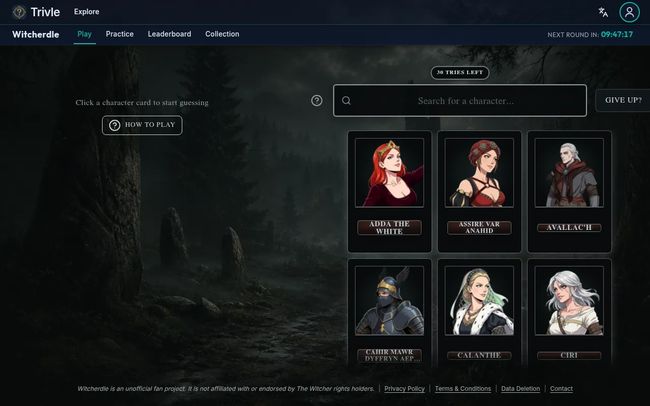 Witcherdle's board on Trivle: illustrated cards of Adda the White, Assire var Anahid, Avallac'h, Cahir, Calanthe and Ciri beside a search box with 30 tries left