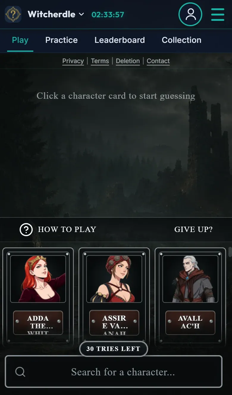Witcherdle on a phone: the countdown to the next round, character cards for Adda, Assire and Avallac'h, and the search box with 30 tries left