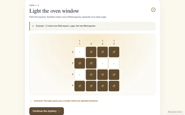 WitLocked Daily Lock for Oct 29, The Night-Blooming Bakery: lock 1 of 2, Light the oven window, a solved 4x4 nonogram with row and column clues and the Unlocked message