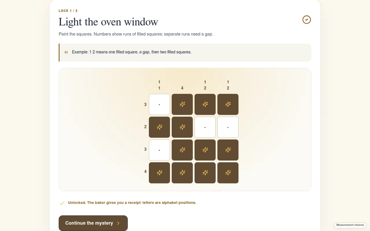 WitLocked Daily Lock for Oct 29, The Night-Blooming Bakery: lock 1 of 2, Light the oven window, a solved 4x4 nonogram with row and column clues and the Unlocked message