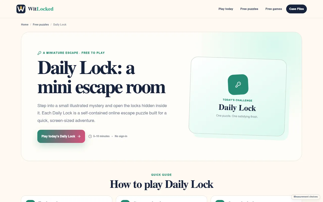 The Daily Lock page on WitLocked: Daily Lock, a mini escape room, with a Play today's Daily Lock button and a Today's Challenge card