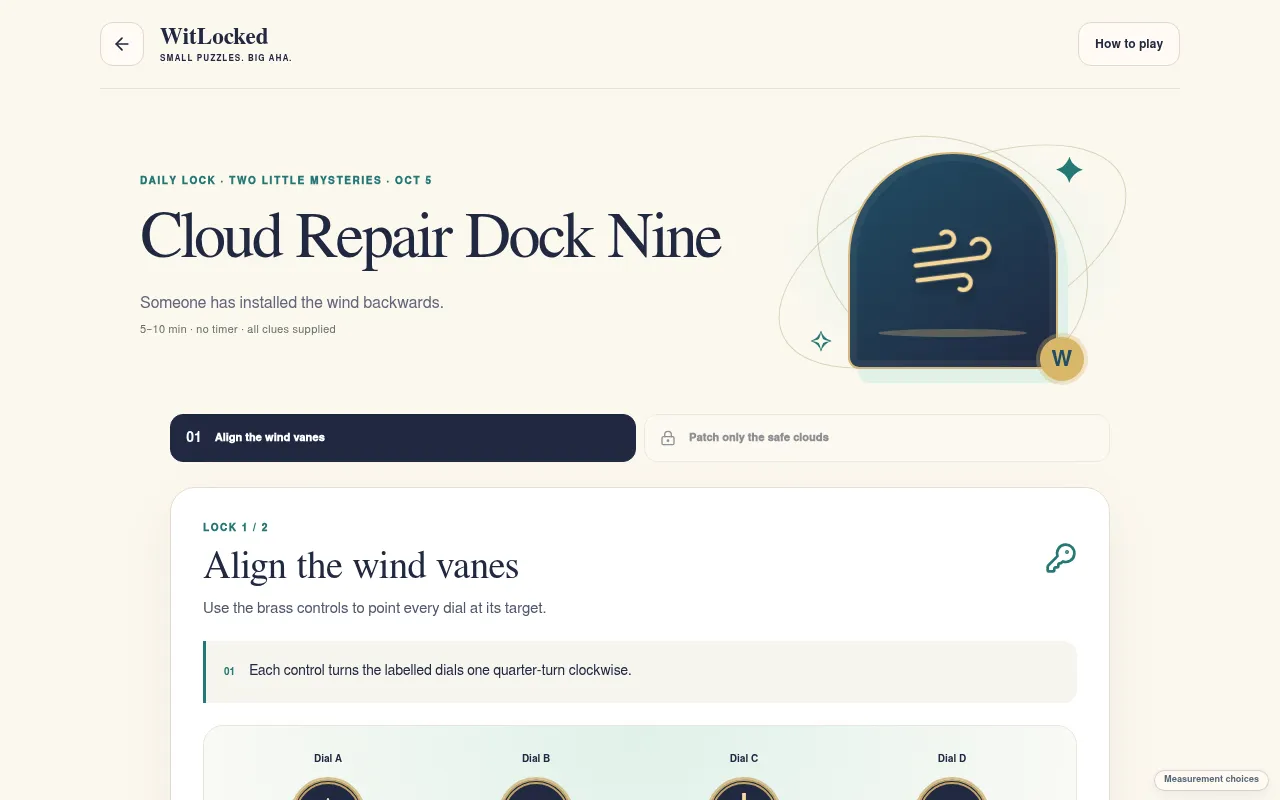WitLocked Daily Lock for Oct 5, Cloud Repair Dock Nine: lock 1 of 2, Align the wind vanes, with the rule that each control turns its dials a quarter-turn and dials A to D below