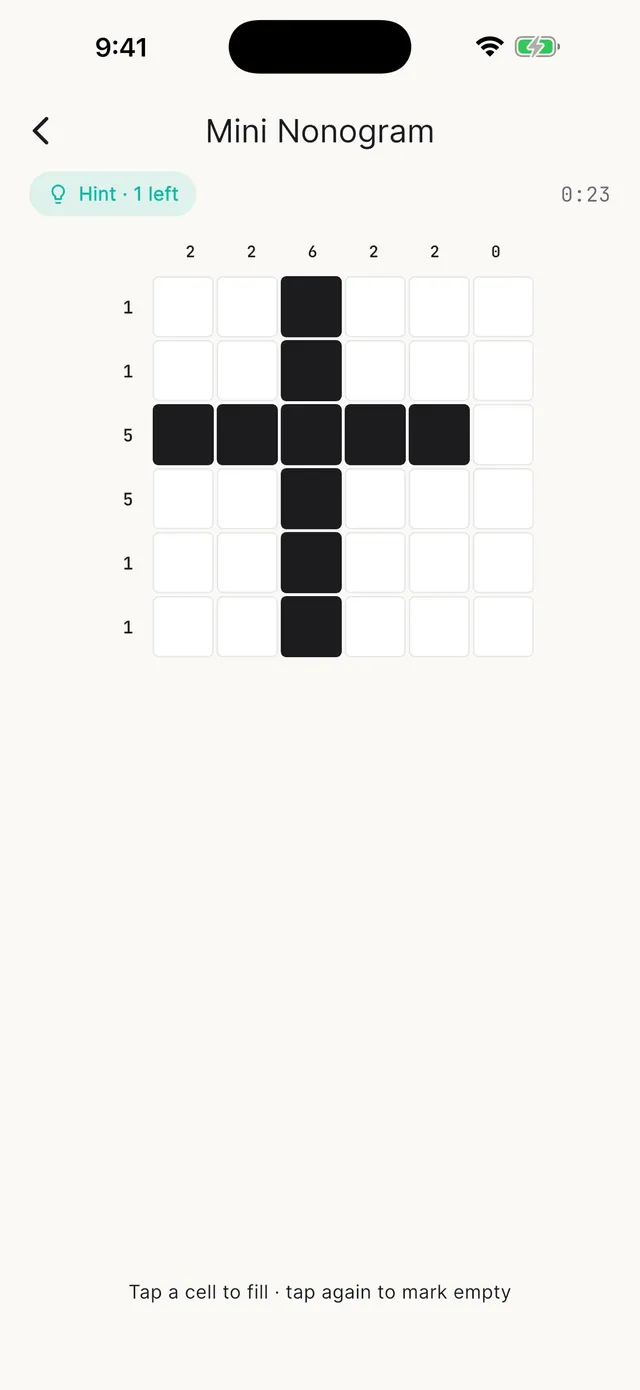 Witloop's Mini Nonogram: a 6x6 grid with number clues and a cross shape filled in