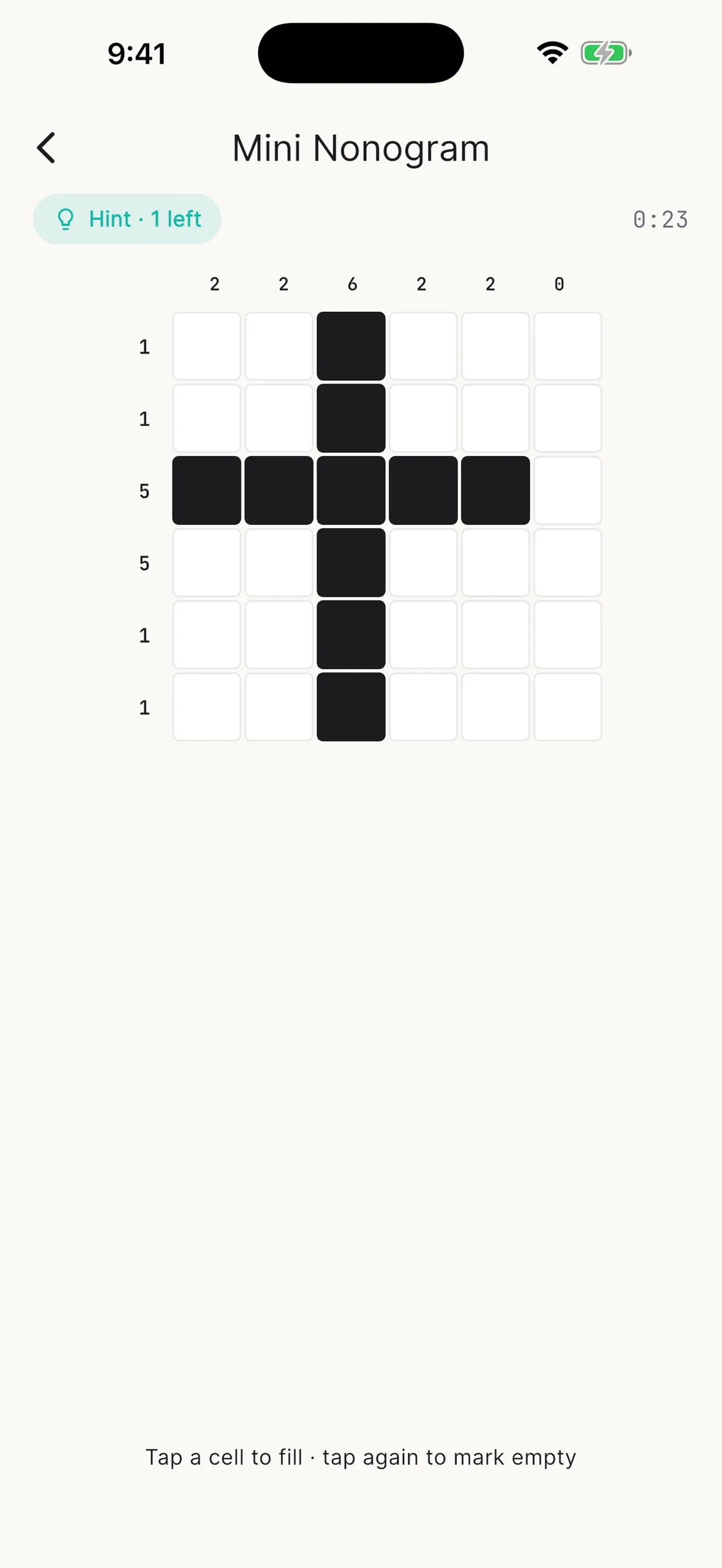 Witloop's Mini Nonogram: a 6x6 grid with number clues and a cross shape filled in