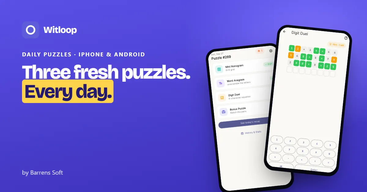 Witloop's share card: the Puzzle #269 hub listing Mini Nonogram, Word Anagram, Digit Duel and the bonus, beside a Digit Duel board with coloured equation guesses