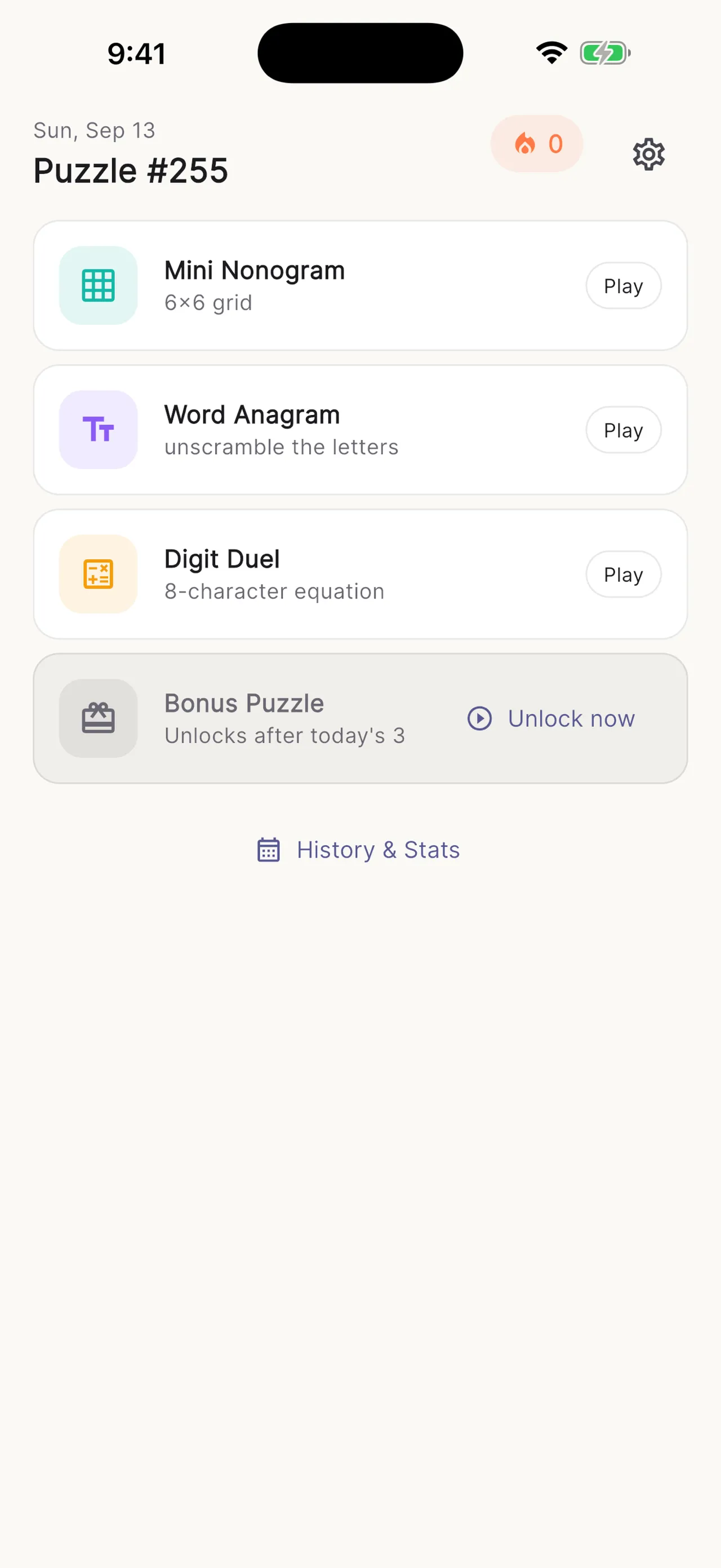 Witloop puzzle #255: the day's Mini Nonogram, Word Anagram and Digit Duel, with a locked bonus puzzle