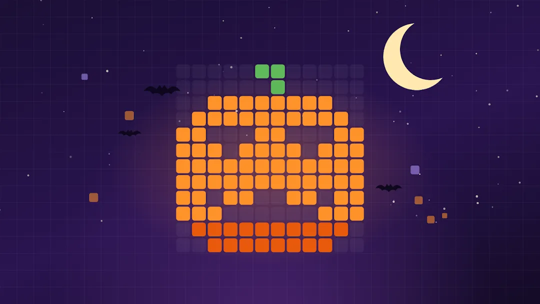 Witloop's Halloween Puzzle Week art on Google Play: a nonogram grid filled in as a jack-o'-lantern under a crescent moon