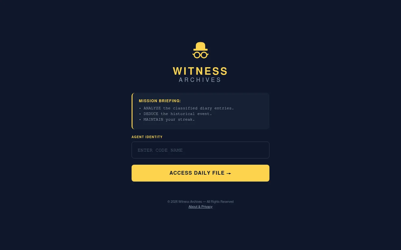 Witness Archives entry screen: the yellow detective logo, a mission briefing to analyse diary entries and deduce the historical event, a code name field and the Access Daily File button