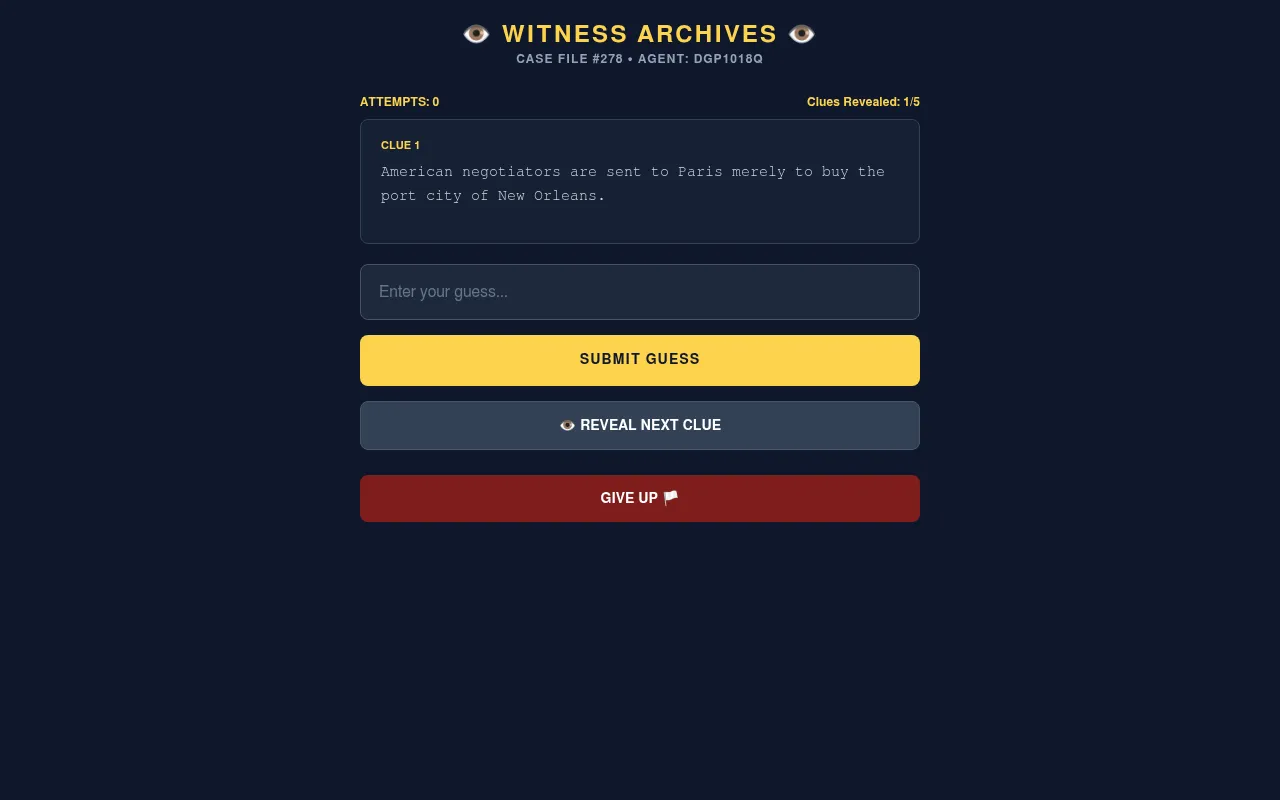 Witness Archives case file #278 in play: the first diary clue about negotiators sent to Paris to buy New Orleans, with the guess field and the Reveal Next Clue button