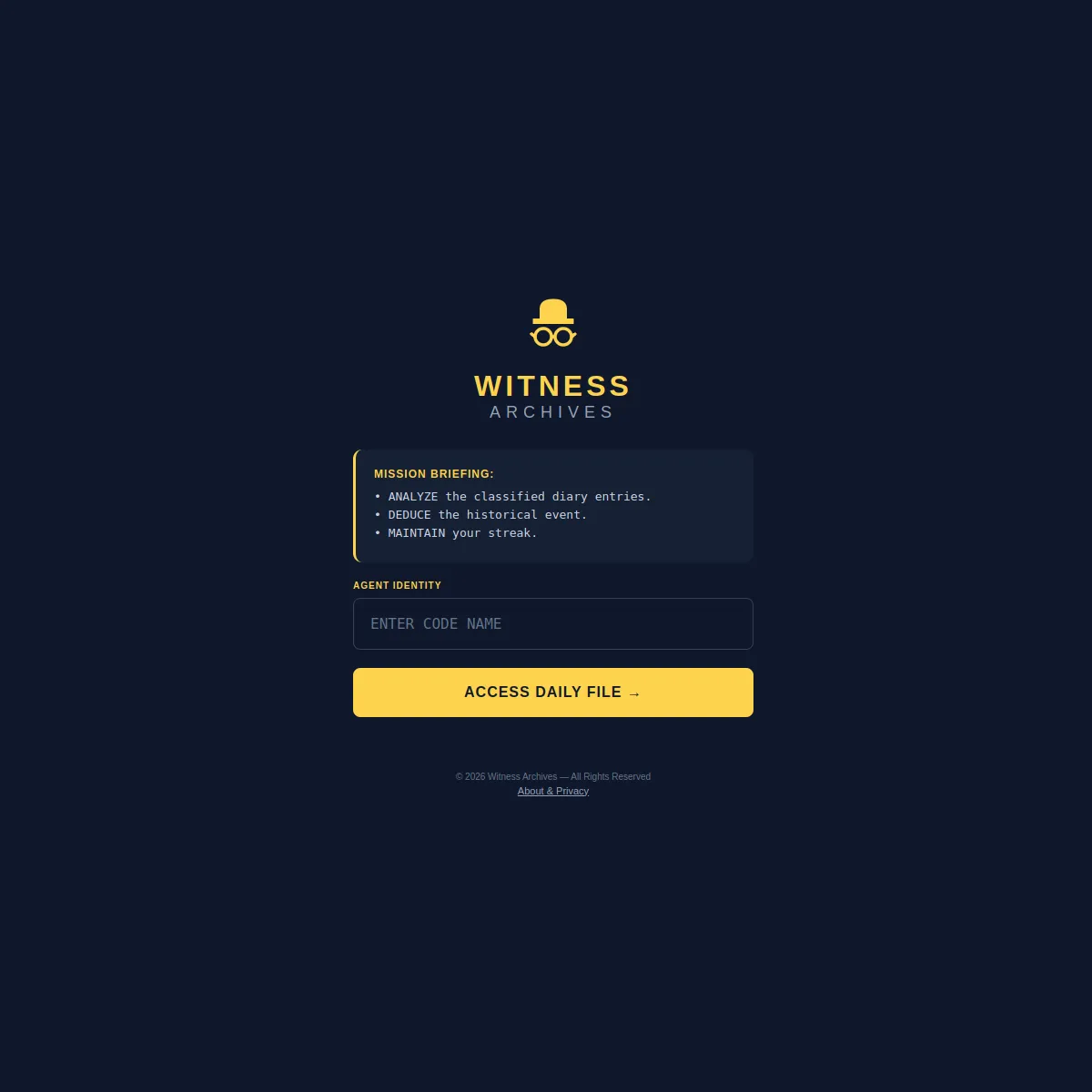 Witness Archives entry screen on a dark blue background: a yellow detective logo, the title WITNESS ARCHIVES, a Mission Briefing panel reading Analyze the classified diary entries, Deduce the historic