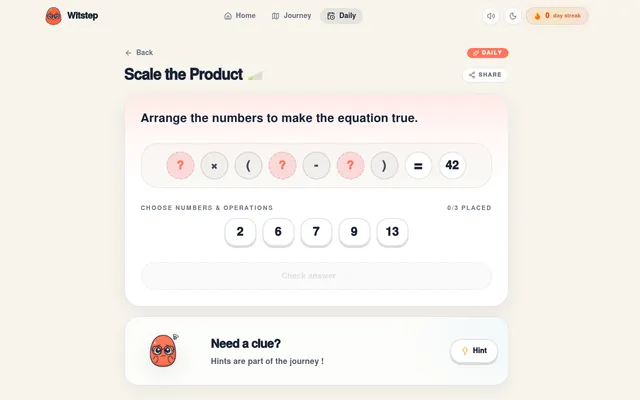 Witstep's daily puzzle Scale the Product on 20 October 2026: the template ? x (? - ?) = 42 above five number tiles, 2, 6, 7, 9 and 13, with a Check answer button and a hint card
