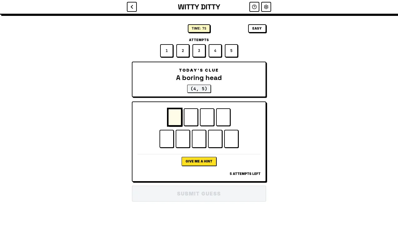 Witty Ditty's Easy puzzle for 6 October 2026: the clue A boring head with empty boxes for a four and a five-letter answer, five attempt markers, a timer and the Give me a hint button
