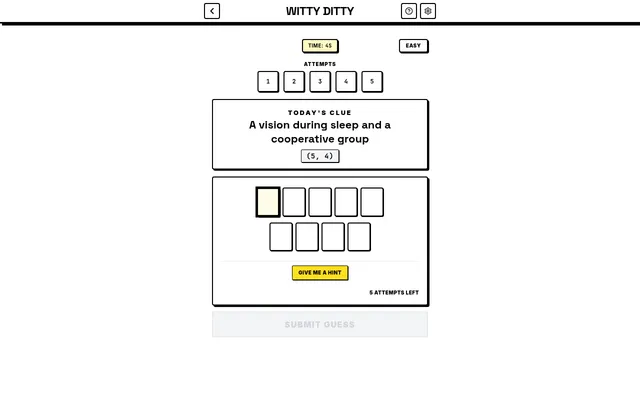 Witty Ditty's Easy puzzle for 21 October 2026: the clue A vision during sleep and a cooperative group, empty boxes for a five and a four-letter answer, five attempt markers, a timer and a hint button