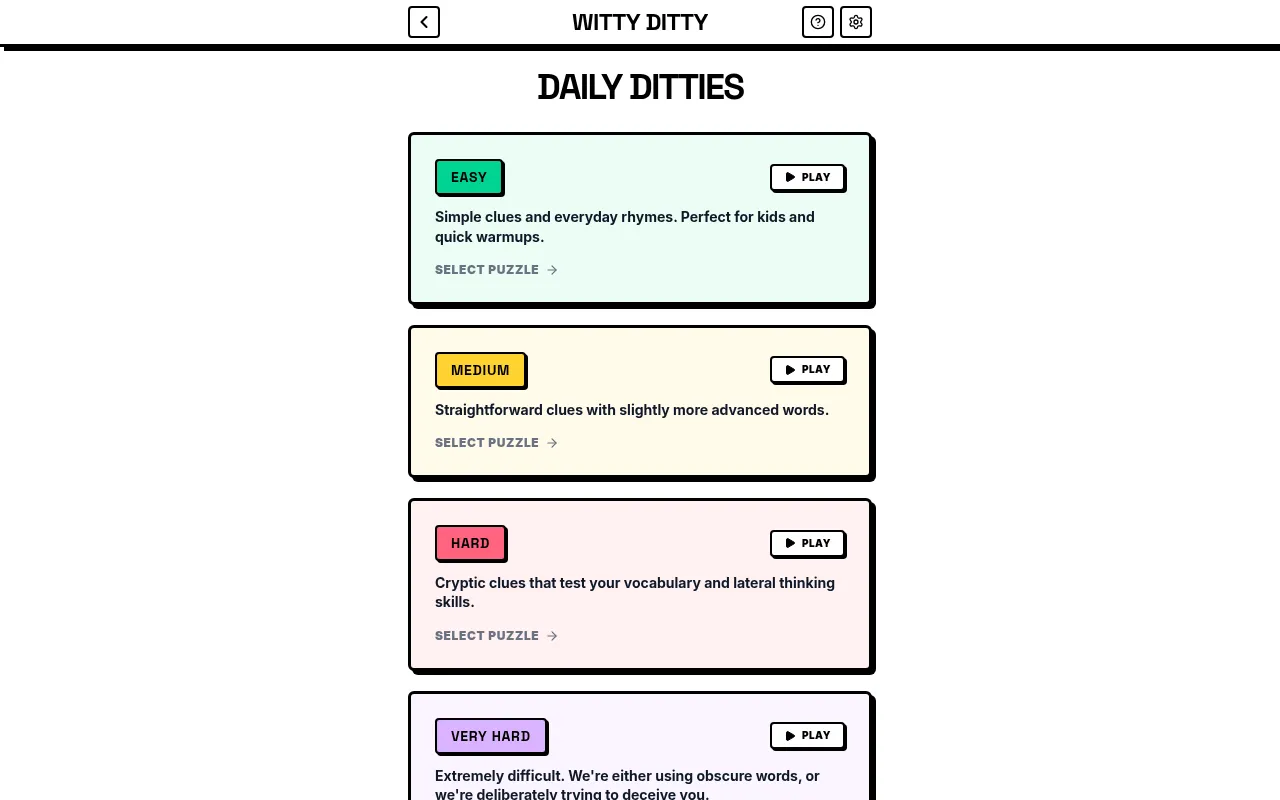 Witty Ditty's Daily Ditties menu with the Easy, Medium, Hard and Very Hard puzzles, each with a short description and a Play button
