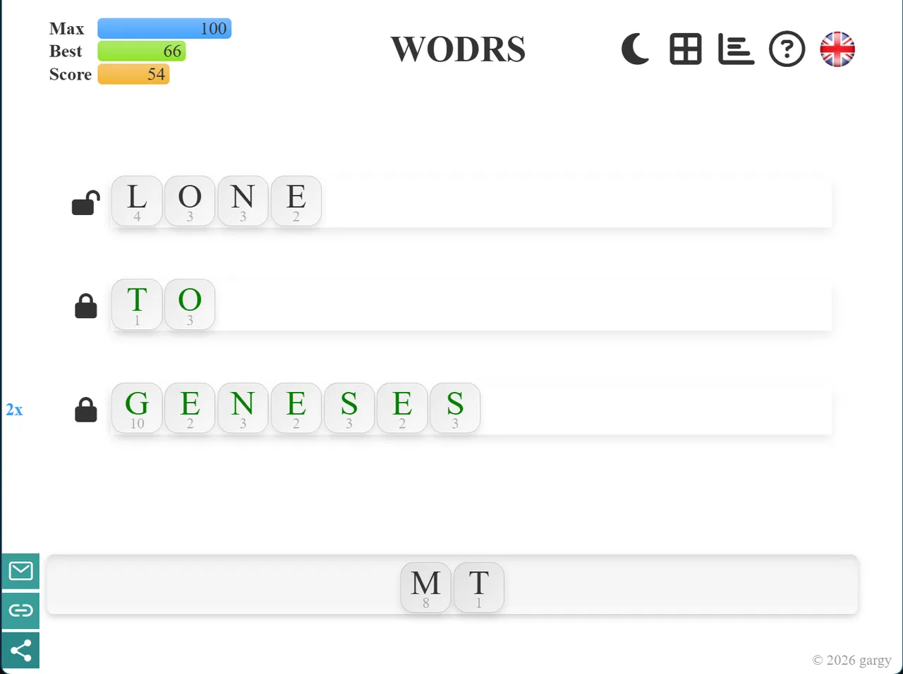 A WODRS game in progress: the words LONE, TO and GENESES built from letter tiles with their values, GENESES marked 2x, and score bars for max, best and current
