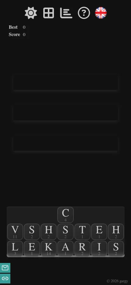 WODRS at phone size: the three word rows with the fifteen letter tiles wrapped into a rack of three lines below