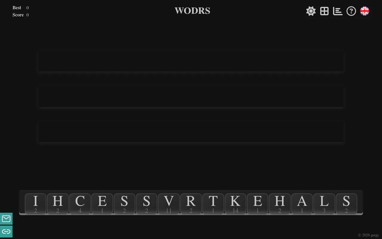 Today's WODRS board on desktop: three empty word rows above a rack of fifteen letter tiles, I H C E S S V R T K E H A L S, each with its point value