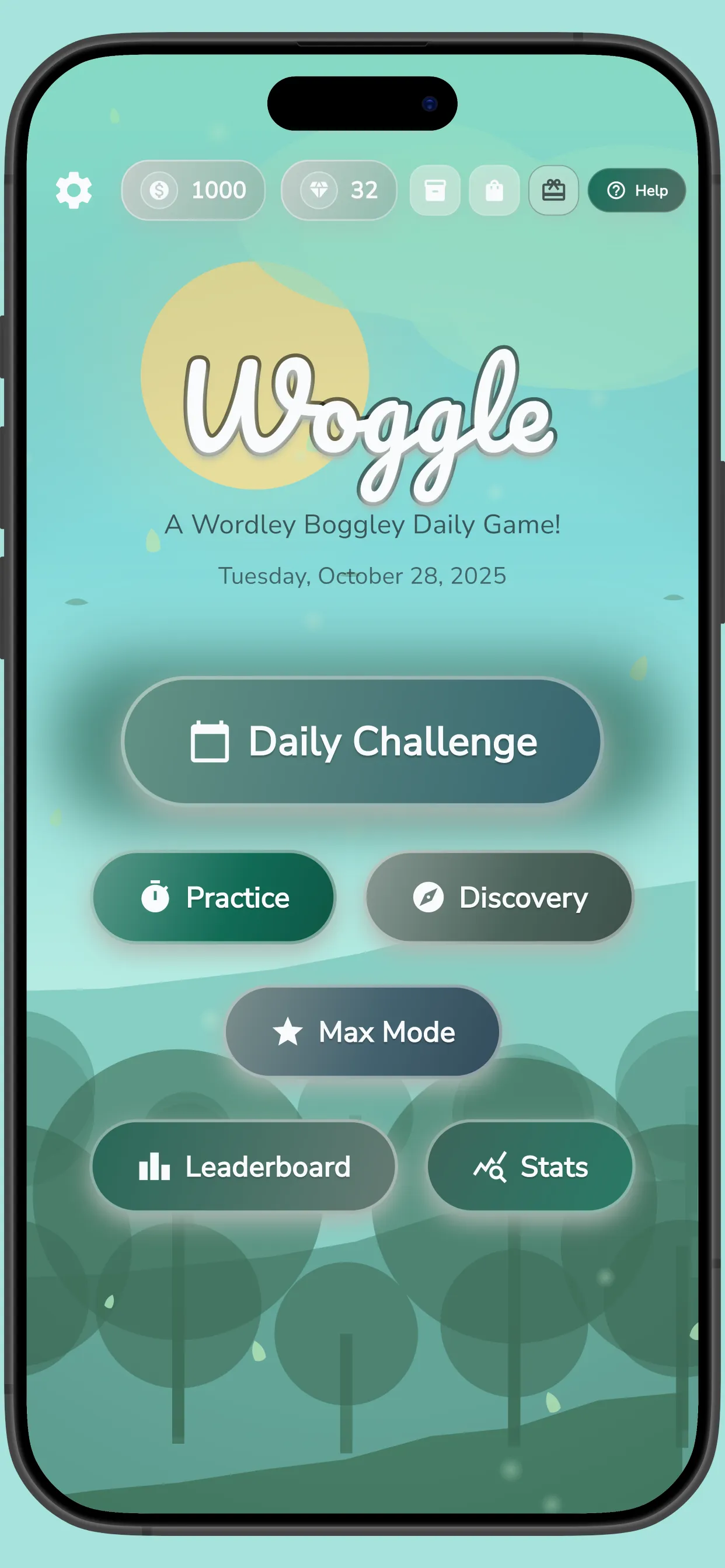 Woggle's home screen with the Daily Challenge button for Tuesday, October 28, 2025, and Practice, Discovery and Max Mode