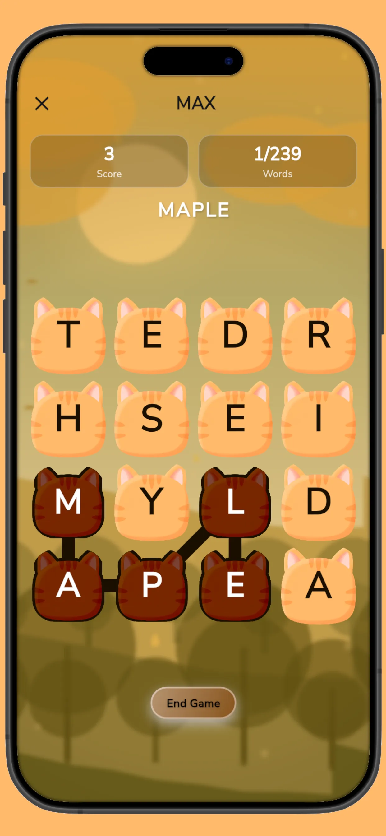 A Woggle Max Mode board with cat-shaped letter cubes and the word MAPLE traced