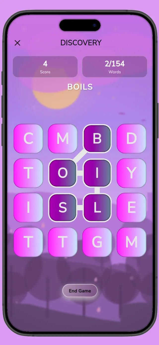 A Woggle board: a 4x4 grid of pink letter cubes with the word BOILS traced through it, 2 of 154 words found