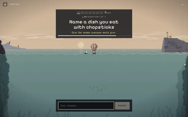 Wonderhop's Sky game, question 1 of 7: "Name a dish you eat with chopsticks", with a rabbit's hot-air balloon on the sea and an answer box