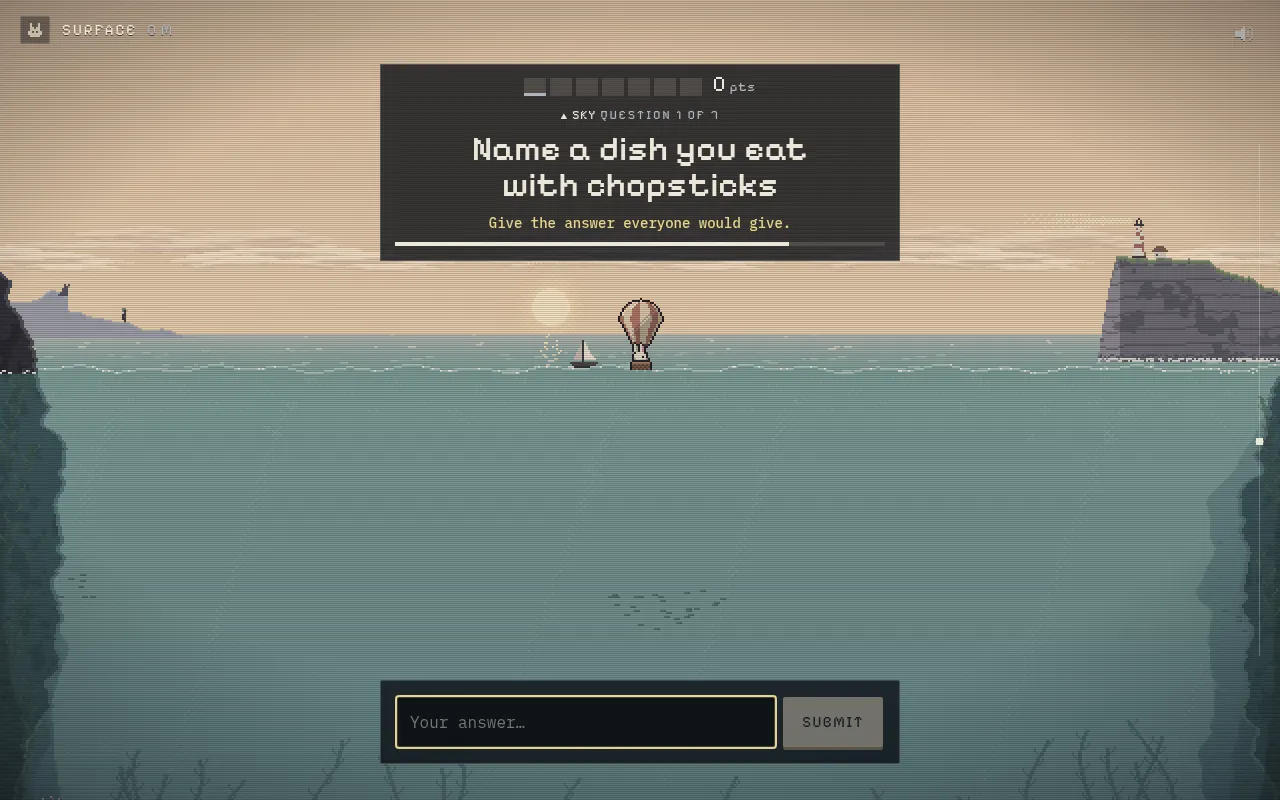 Wonderhop's Sky game, question 1 of 7: "Name a dish you eat with chopsticks", with a rabbit's hot-air balloon on the sea and an answer box