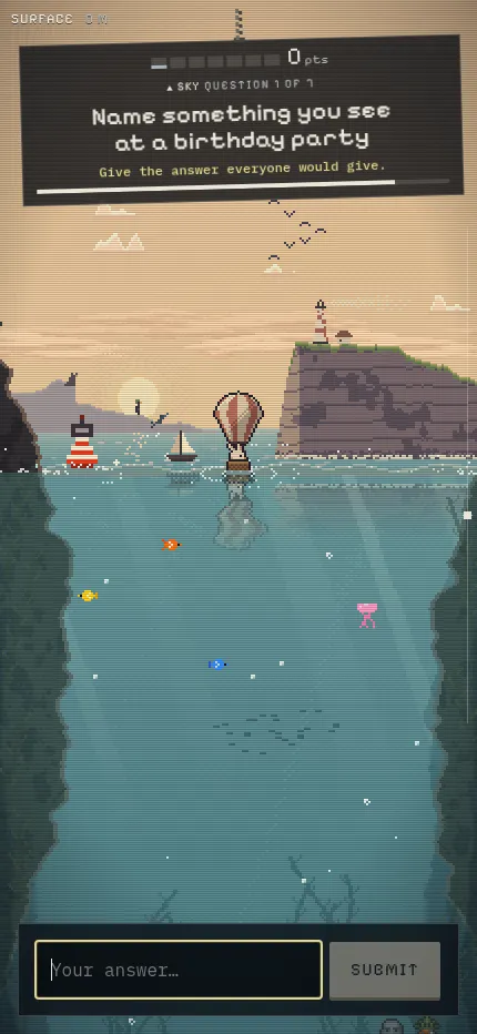 Wonderhop on a phone: the same Sky question about a birthday party above the pixel-art sea, with the answer box and Submit at the bottom