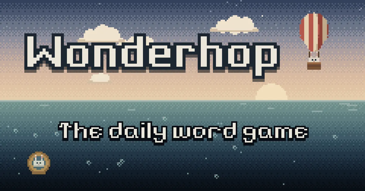 Wonderhop's pixel-art share image: a rabbit in a hot-air balloon above the sea and another in a diving helmet below, with the words The daily word game