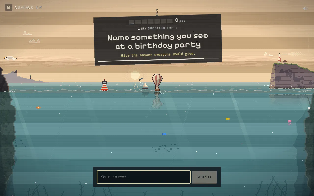 Wonderhop's Sky game on 27 October 2026, question 1 of 7: "Name something you see at a birthday party", with the rabbit's balloon on the sea and an answer box