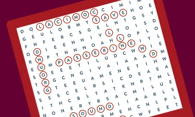 WonderWord press art: a themed letter grid with found words such as SAVE, PASSERINE and SOUND circled in red