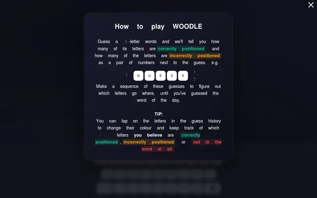 Woodle's How to play screen: an example guess GUESS with a pair of counts beside it, one for letters correctly positioned and one for letters in the word but misplaced