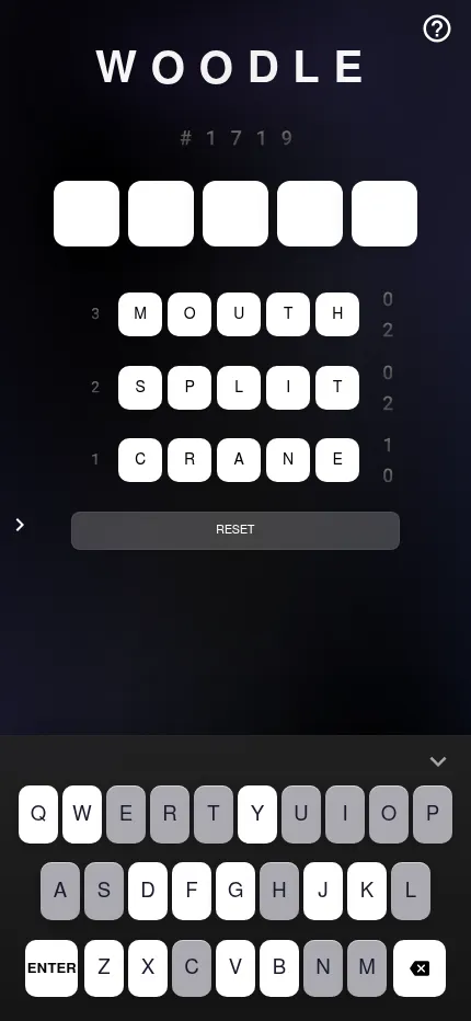 Woodle #1719 at phone size: three guesses with their pairs of counts, tried letters greyed on the keyboard
