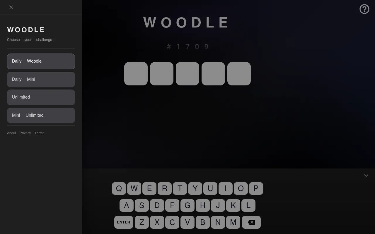 Woodle's mode menu: Daily Woodle, Daily Mini, Unlimited and Mini Unlimited