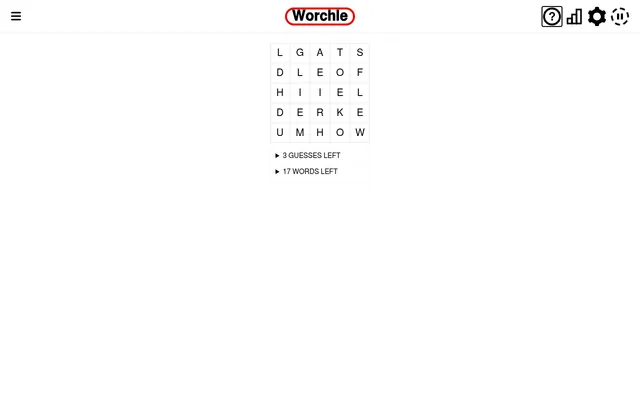 Worchle Easy puzzle in play: a 5x5 word search grid of letters under the Worchle logo, with 3 guesses left and 17 words left