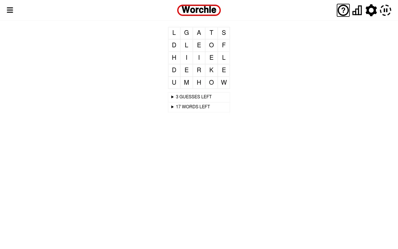 Worchle Easy puzzle in play: a 5x5 word search grid of letters under the Worchle logo, with 3 guesses left and 17 words left