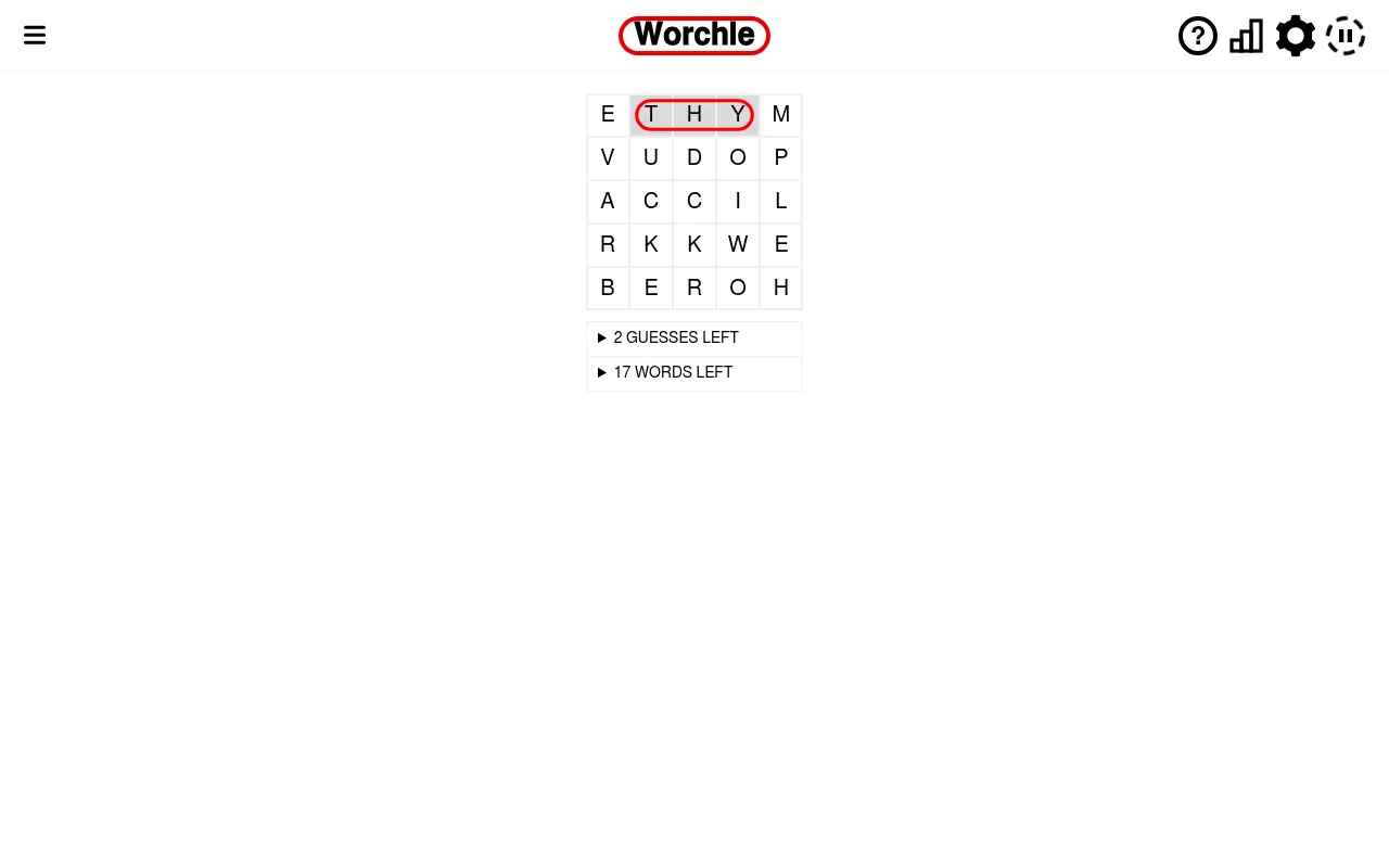 Worchle's Easy 5x5 grid on desktop with THY circled in grey, none of its letters in the keyword, 2 guesses and 17 words left
