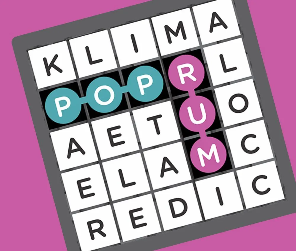 Word Be Gone press art: a letter board with the words POP and RUM linked by paths of highlighted tiles