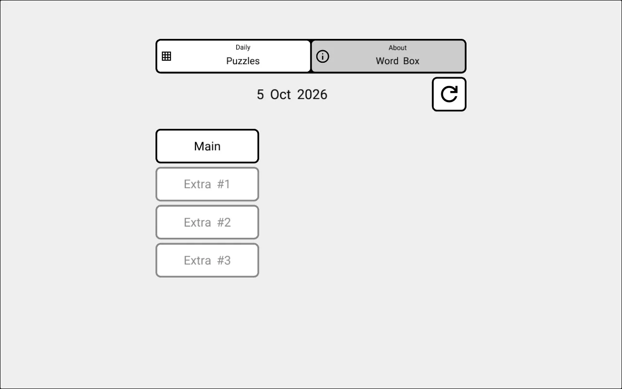 Word Box daily menu for 5 Oct 2026 with the Main puzzle and Extra 1 to 3