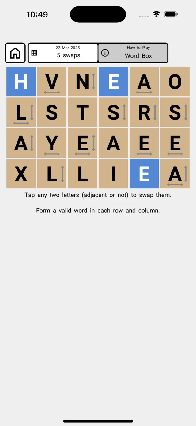 A Word Box puzzle on iPhone: a four by six box of letter tiles, two blue tiles in place and arrows marking letters that belong elsewhere in their row or column, after 5 swaps
