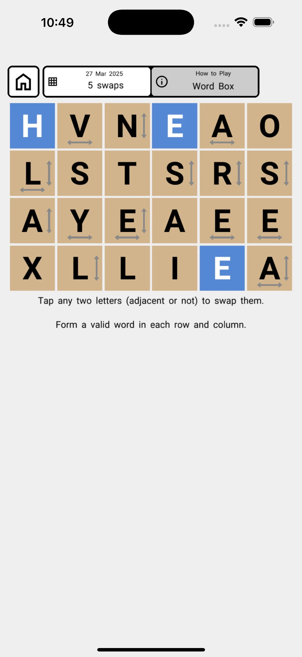 A Word Box puzzle on iPhone: a four by six box of letter tiles, two blue tiles in place and arrows marking letters that belong elsewhere in their row or column, after 5 swaps