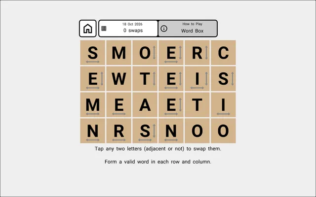 The Word Box Main puzzle for 18 Oct 2026 in a desktop browser: a four by six box of scrambled letter tiles with row and column arrow clues, 0 swaps
